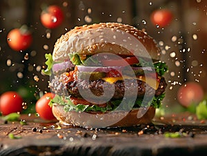 one delicious hamburger, floating in the air, cinematic, professional food photography, studio light, studio background