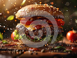 one delicious hamburger, floating in the air, cinematic, professional food photography, studio light, studio background