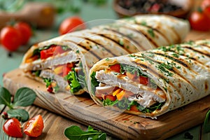 One delicious wrap with thin slices of smoked turkey and vegetables