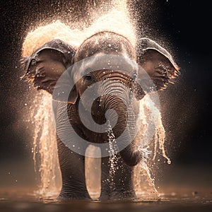 One Delightful Wet Baby Elephant Violently Shakes Herself, Water Splashes. Generative AI