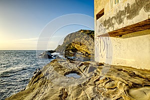 Beautiful and impressional views from deserted peninsula Zvernec near Vlore, Albanie during gold hour photo