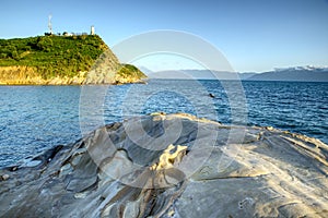 Beautiful and impressional views from deserted peninsula Zvernec near Vlore, Albanie during gold hour photo