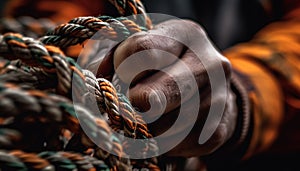 One determined man, tied up, holding rope, climbing mountain generated by AI