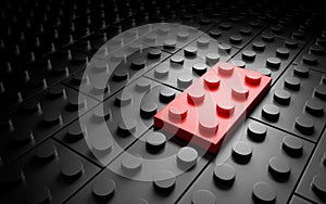 One different red toy brick. individuality conceipt. 3d rendering