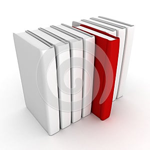 One diffrent red book in white others stack
