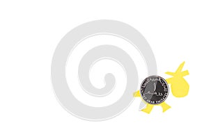 One dirham coin, United Arab Emirates with a bag of gifts. White isolated background