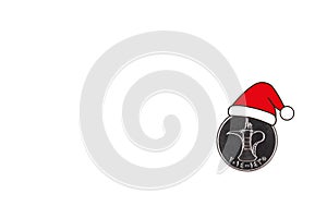 One dirham coin wearing Santa\'s hat, United Arab Emirates. White isolated background