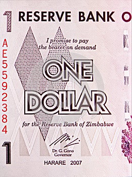 One Dollar banknote. Bank of Zimbabwe. National currency. Fragment: Face value