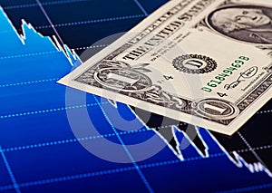 One-dollar banknote and the downtrend chart as background