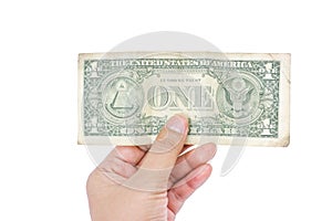 One dollar banknote in hand on white background, Close up of old dollar banknotes, saving money concept, The denomination one doll