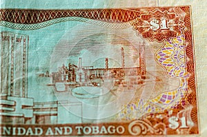 One Dollar banknote from Trinidad and Tobago showing Nitrogen Company factory