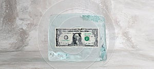 One dollar bill frozen in ice cube, frozen money and bad investment concept, 3D Render