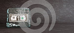 One dollar bill frozen in ice cube, frozen money and bad investment concept, 3D Render