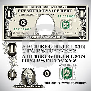 One dollar bill parts with an alphabet