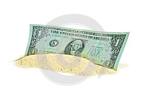 One Dollar Bill Set in a Sandpile Isolated on White