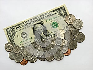 One dollar and coins, money, currency of USA