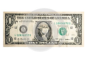 One dollar concept with George Washington masked by a virus. Coronavirus protection. Horizontal frame photo