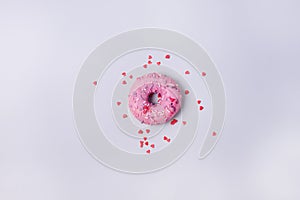 One Donut With Icing on Pastel Pink Blue Background Sweet Tasty Donuts Copy Space Top View Flat Lay