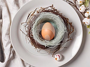 One Easter egg in the nest on white plate