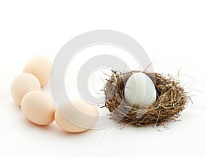 One egg inside the nest and other eggs outside