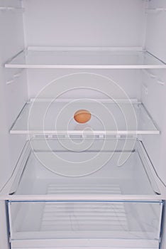 One eggs in open empty refrigerator.