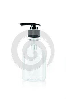 One empty transparent container spray plastic bottle for liquid gel, alcohol gel, lotion, cream, isolated on white background.