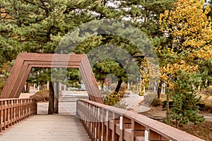 One end of wooden pedestrian bridge