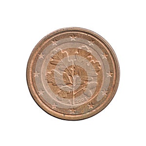 One Euro Cent coin of the Federal Republic of Germany isolated on a white background. 5 leaves oak tree