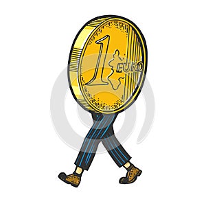 One euro cent coin walk sketch engraving vector