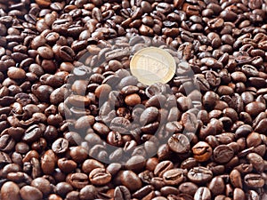 One euro coin closeup on coffee beans background