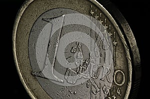 One Euro Coin Macro Shot Black Background Sharp