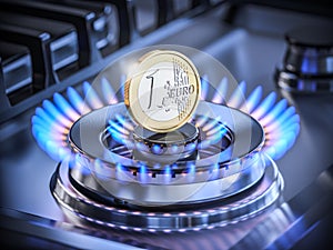 One euro coin on the range burner of a natural gas home stove surrounded by a blue flame. 3D render