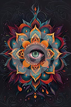 One eye on center colorful mandala background