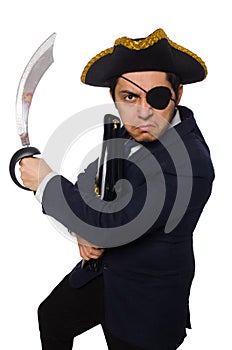 One eyed pirate with briefcase and sword isolated