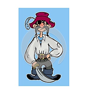 one-eyed pirate cartoon character with a long mustache and saber chest