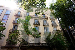 One of the facades of beautiful buildings in the Eixample quarter in Barcelona