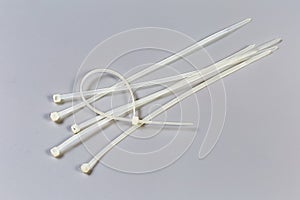 One fastened translucent cable tie on several unfastened cable ties
