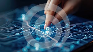 One female finger touching white glowing mobile app locations on a digital map created with Generative AI