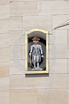 One of a figure at giant clock of Jules Ghobert at The Mont des Arts carillon, Brussels, Belgium