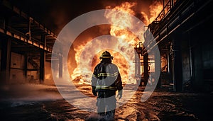 One firefighter spraying burning metal in a steel mill inferno generated by AI