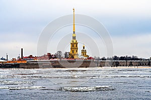 St. Petersburg, Russia, February 2020. Peter and Paul Fortress on Hare Island on the Neva River.