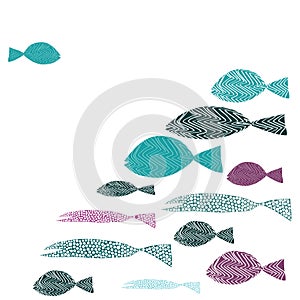 One fish swimming against many fish. Turguoise and purple fishes. Vector illustration on white background