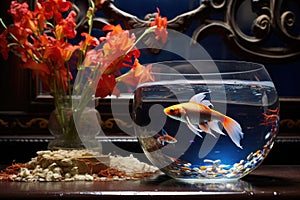 one fish swims in a lavishly decorated tank, another in a simple bowl beside it