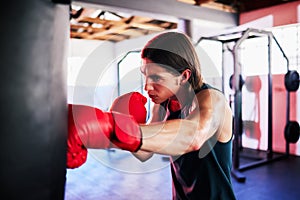One fit young caucasian man wearing gloves and boxing a punching bag while training in a gym. Strong focused boxer