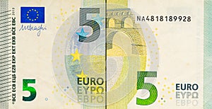 One five Euro bill. 5 euro banknote. The euro is the official currency of the European Union