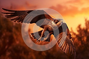 One Flying Falcon in the Nature Background in the Evening. Generative AI