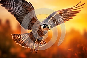 One Flying Falcon in the Nature Background in the Evening. Generative AI