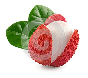 One fresh lychee with green leaves isolated on white background. macro. clipping path