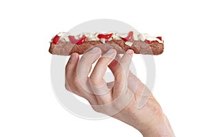 One frikadel with ketchup, mayonnaise on chopped onions, a Dutch fast food snack called `frikadel speciaal