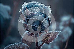 One frozen blue rose hidden in bush with ice crystals by AI generated photo